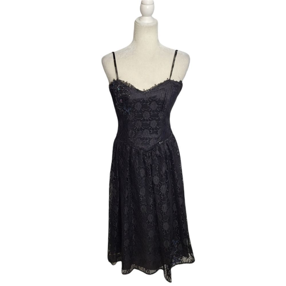 VINTAGE 80s Gunne Sax dress black sequined lace fit and flare‎ formal XS
